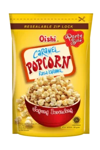 Model kemasan zipper dari Oishi Popcorn Caramel